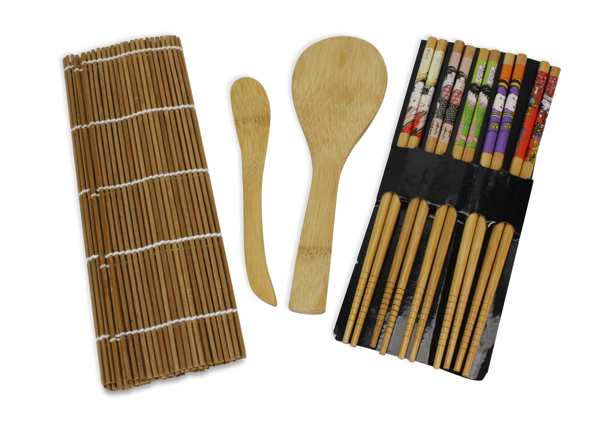 Bamboo 9 Piece Ukiyo-e Sushi Set. Chopsticks, Rolling mats, Rice paddle &amp; spoon set. - farangshop-co