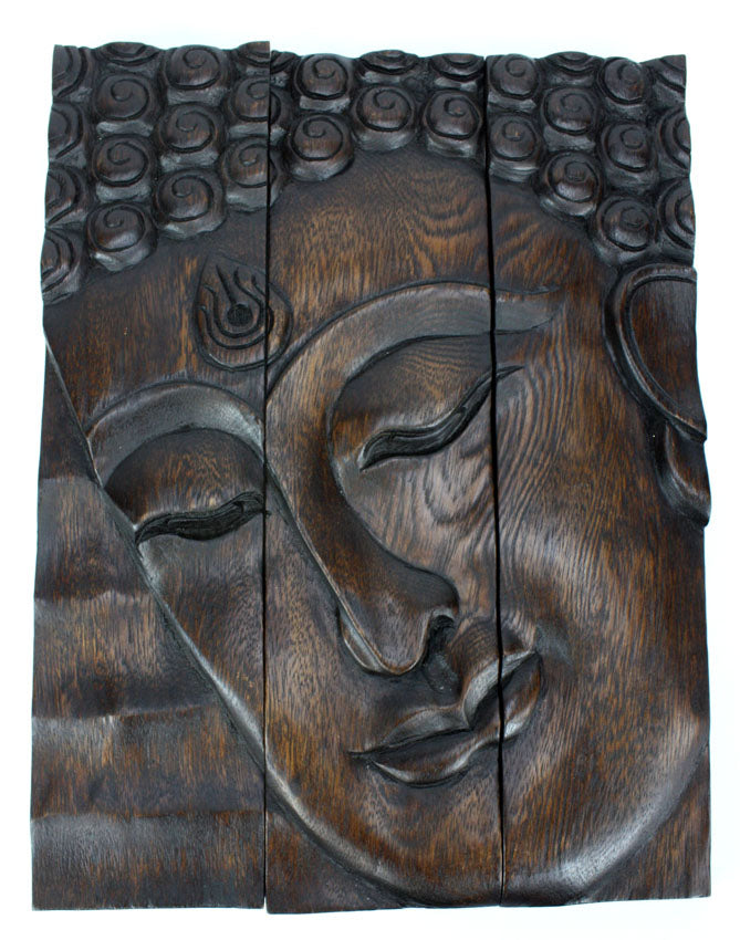 Buddha face panel, 3-part woodcarving Thailand - dark or gold, 38.5cm - farangshop-co