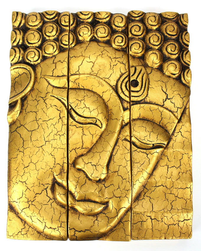 Buddha face panel, 3-part woodcarving Thailand - dark or gold, 38.5cm - farangshop-co