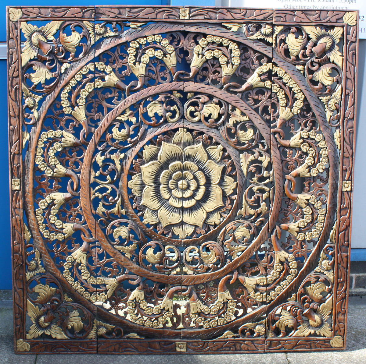 Large Thai Teak Woodcarved Wall Panel, 122cm x 120cm