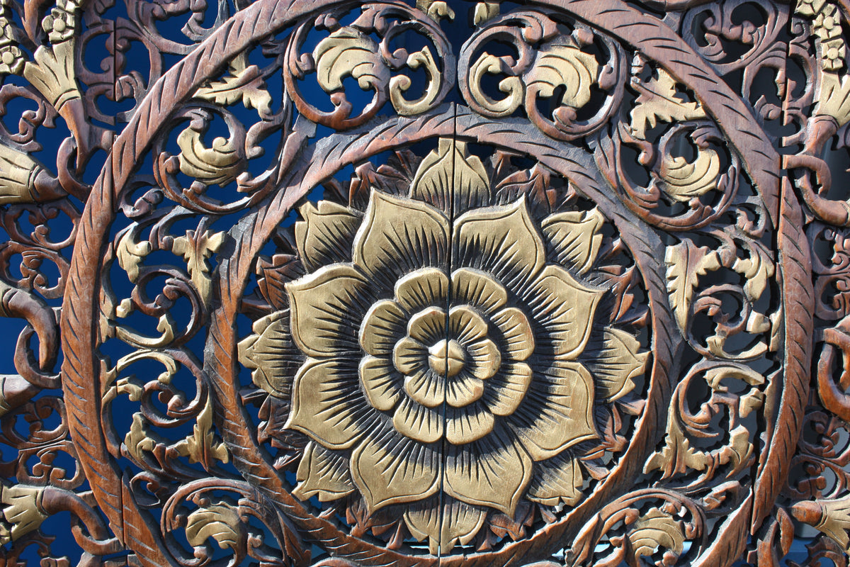 Large Thai Teak Woodcarved Wall Panel, 122cm x 120cm