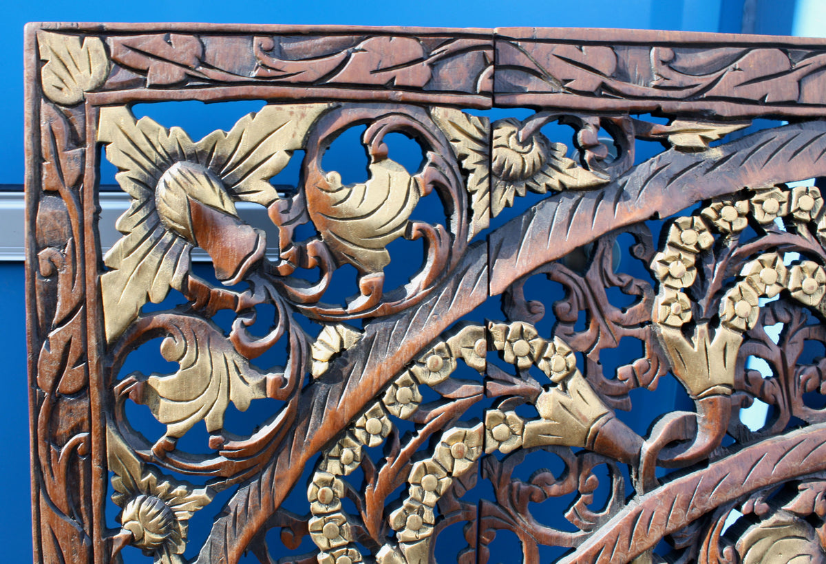 Large Thai Teak Woodcarved Wall Panel, 122cm x 120cm