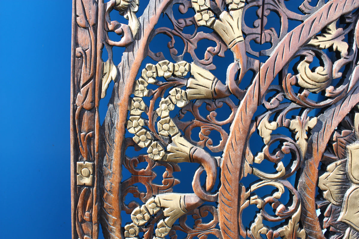 Large Thai Teak Woodcarved Wall Panel, 122cm x 120cm