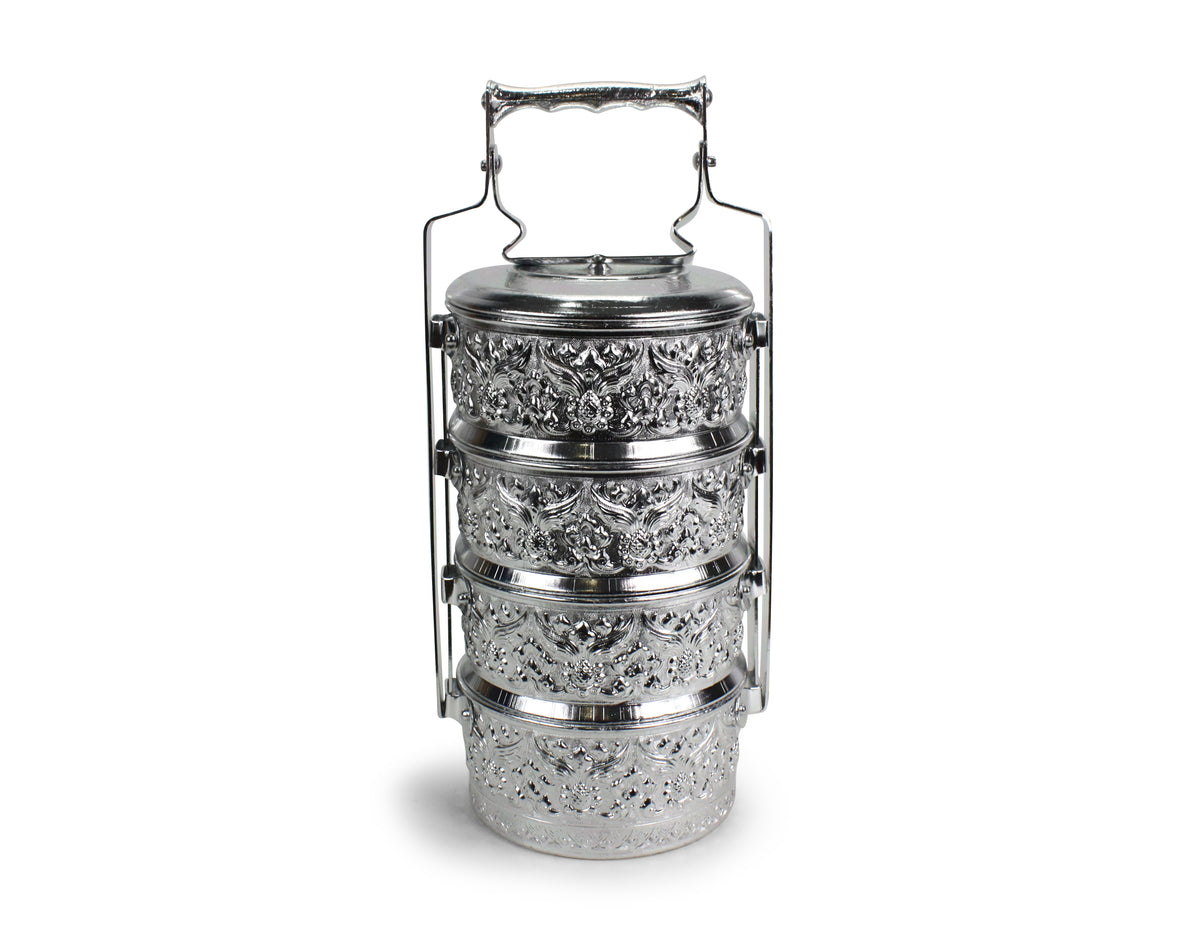 Traditional Thai Metal Food Carrier, 4 bowls, 14cm x 4. Tiffin box. Aluminium. - farangshop-co