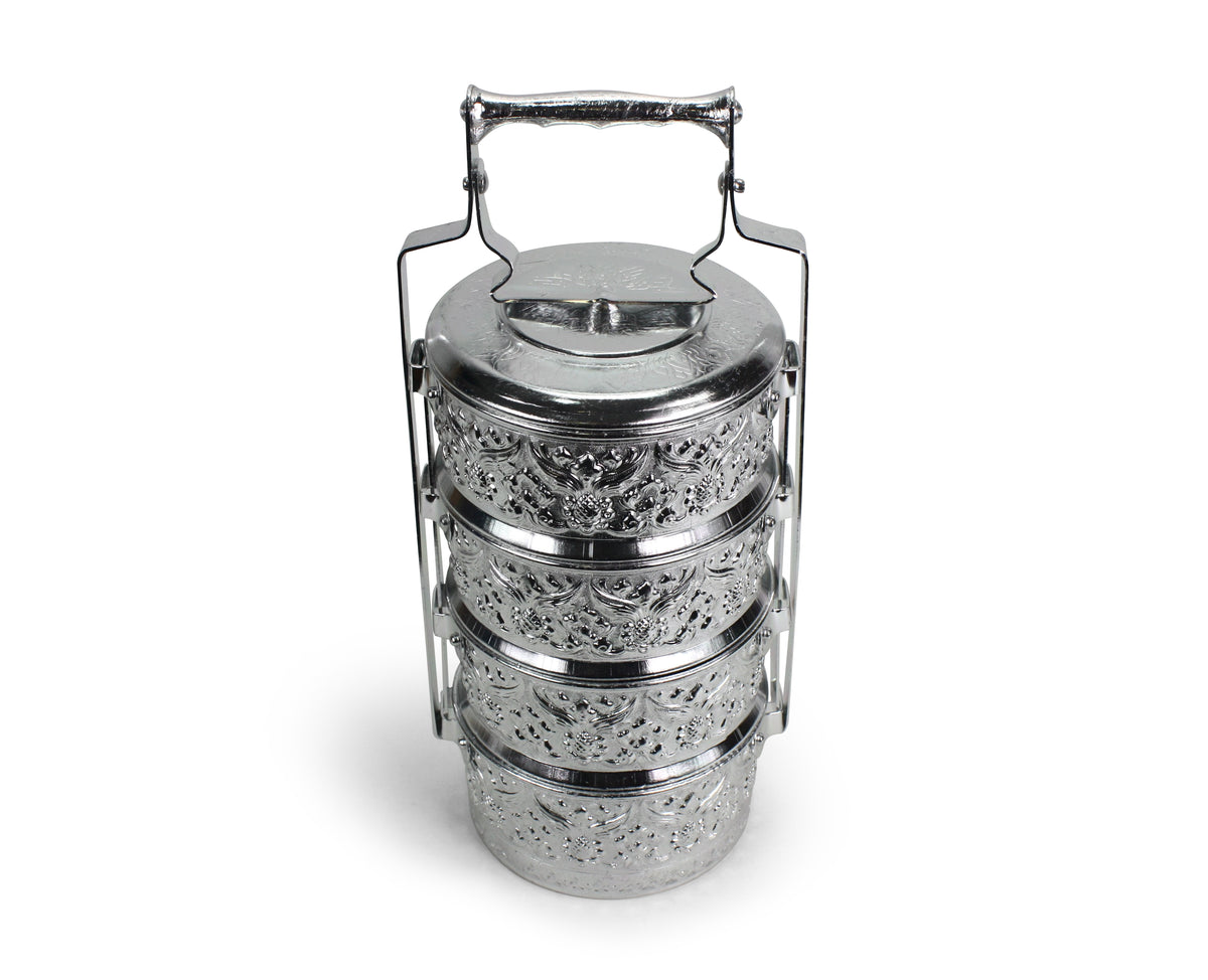 Traditional Thai Metal Food Carrier, 4 bowls, 14cm x 4. Tiffin box. Aluminium. - farangshop-co
