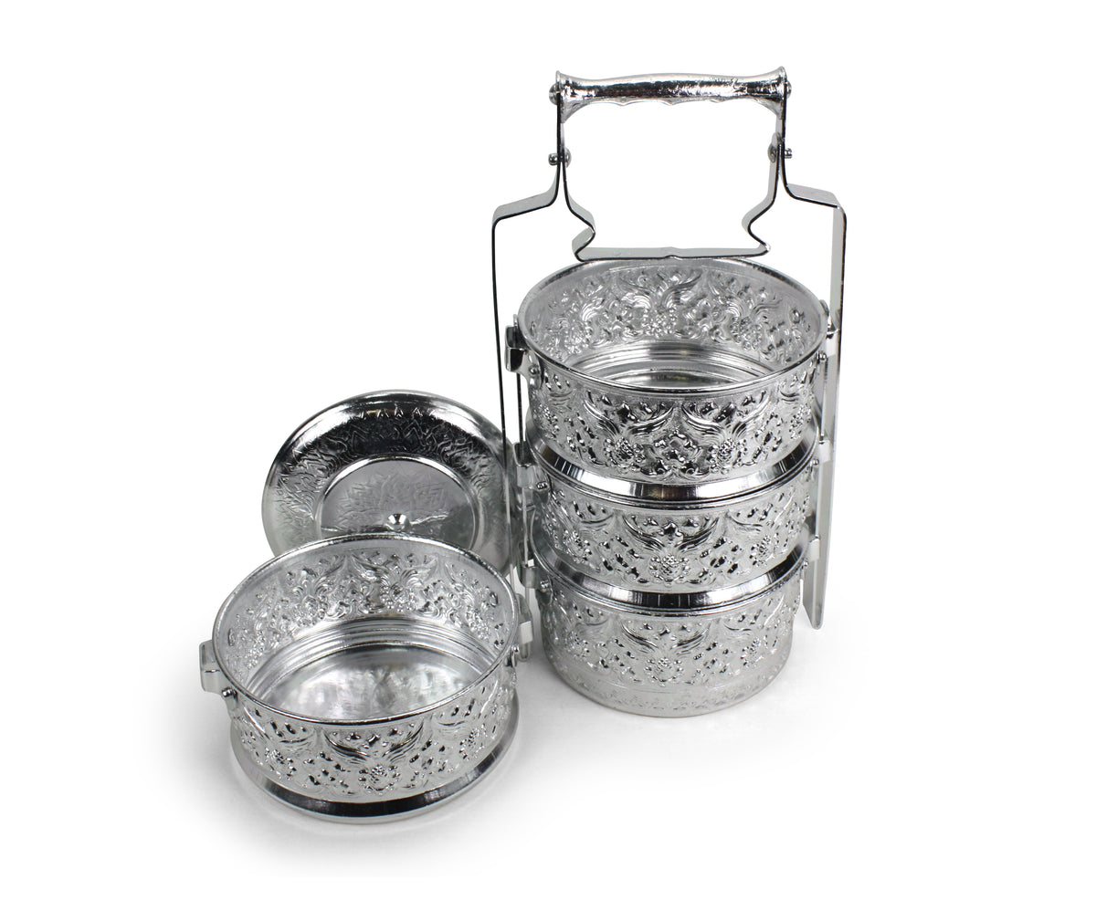 Traditional Thai Metal Food Carrier, 4 bowls, 14cm x 4. Tiffin box. Aluminium. - farangshop-co