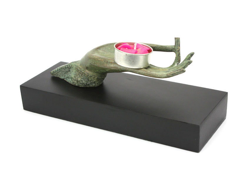 Raised Buddha hand incense or tealight candle holder - small bronze metal - farangshop-co