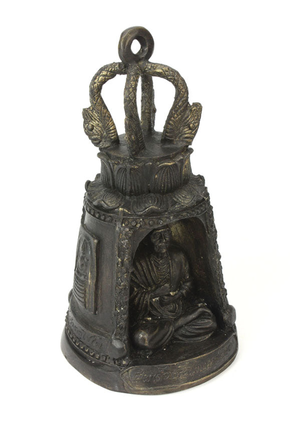 Thai Bronze Metal Temple Bell with Monk, Approx 24cm high, CM6056 - farangshop-co