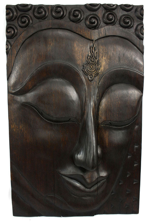 Buddha face wooden panel, dark wood finish - 86cm high, Thai - farangshop-co
