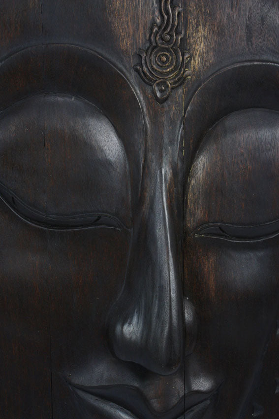 Buddha face wooden panel, dark wood finish - 86cm high, Thai - farangshop-co