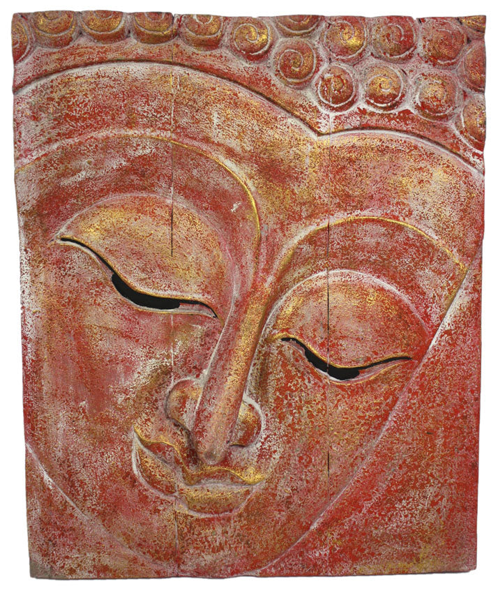 Buddha face wooden panel, red with gold highlights textured finish - 62cm high, Thai - farangshop-co