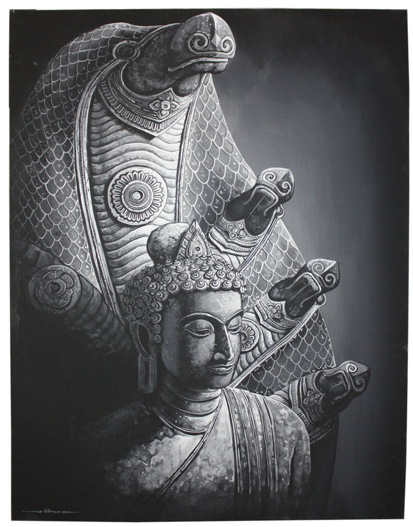 Buddha Under Naga painting, Khmer style, 110cm x 85cm. - farangshop-co