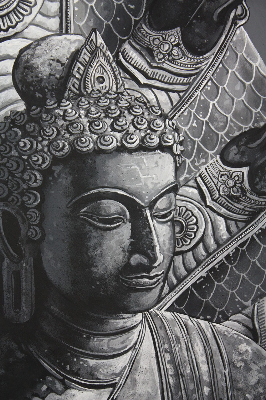 Buddha Under Naga painting, Khmer style, 110cm x 85cm. - farangshop-co