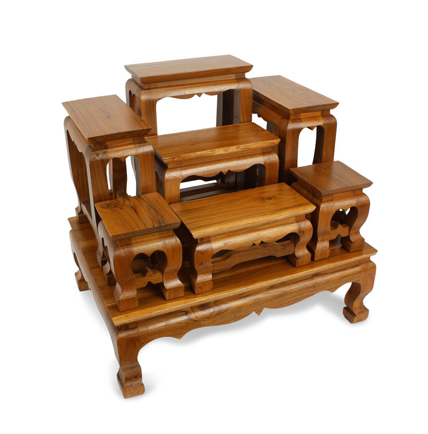 Ornamental Teak Wood Buddhist Display Stand Altar Set for Buddhas - Ganesh - Votive Figurines, 8 table Set - farangshop-co
