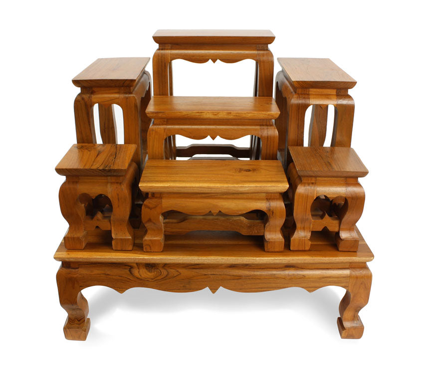 Ornamental Teak Wood Buddhist Display Stand Altar Set for Buddhas - Ganesh - Votive Figurines, 8 table Set - farangshop-co