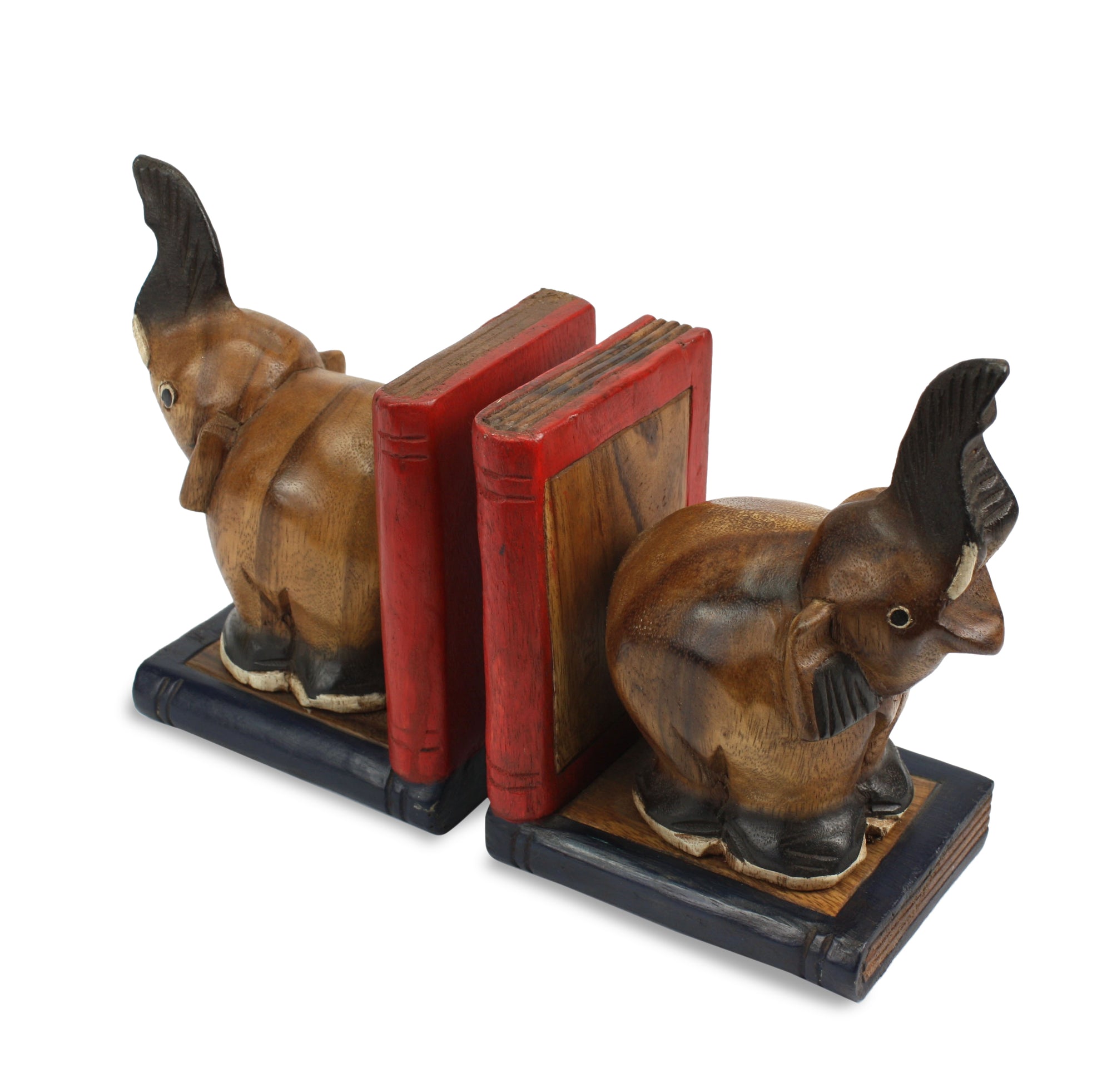 Pair of Carved Bookends: Elephants with Books - farangshop-co