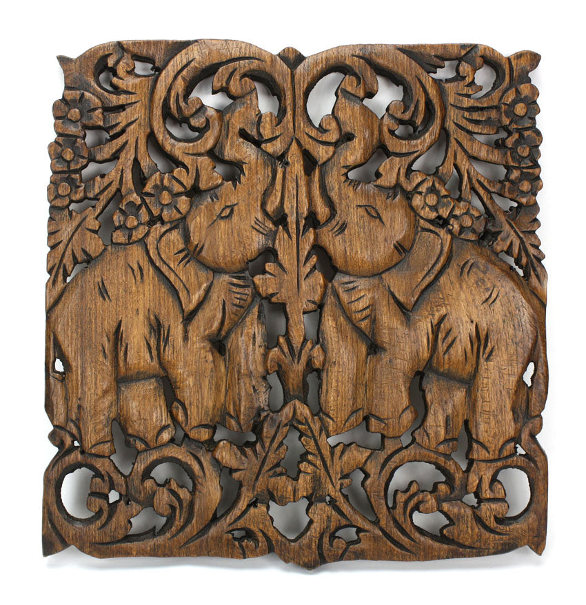 Hand carved teak wood panel, pair of elephants, single panel, 30cm x 30cm - farangshop-co