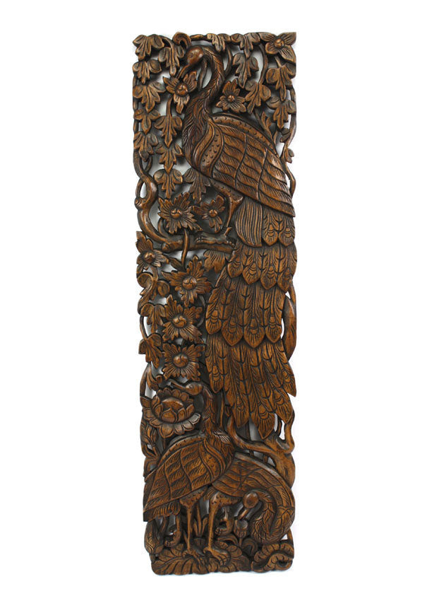 Pair of carved teak wall panels, Peacock design, each 121cm x 35cm, PK01 - farangshop-co