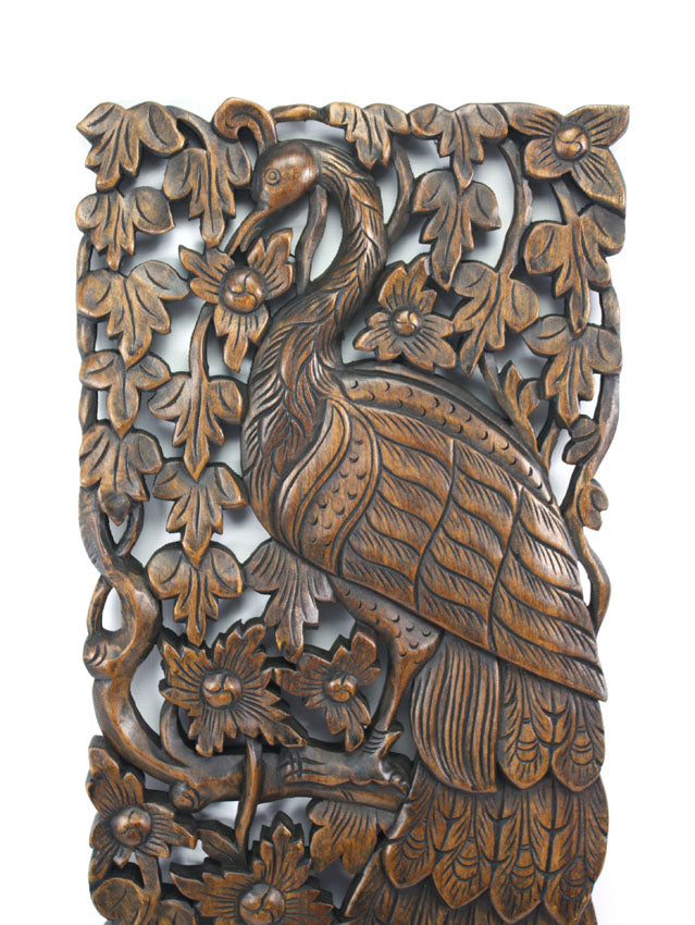 Pair of carved teak wall panels, Peacock design, each 121cm x 35cm, PK01 - farangshop-co
