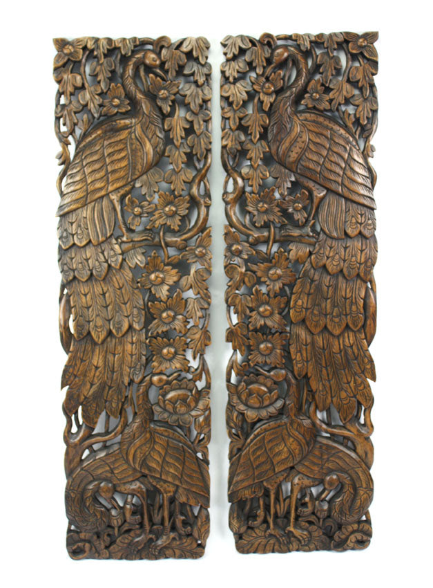 Pair of carved teak wall panels, Peacock design, each 121cm x 35cm, PK01 - farangshop-co