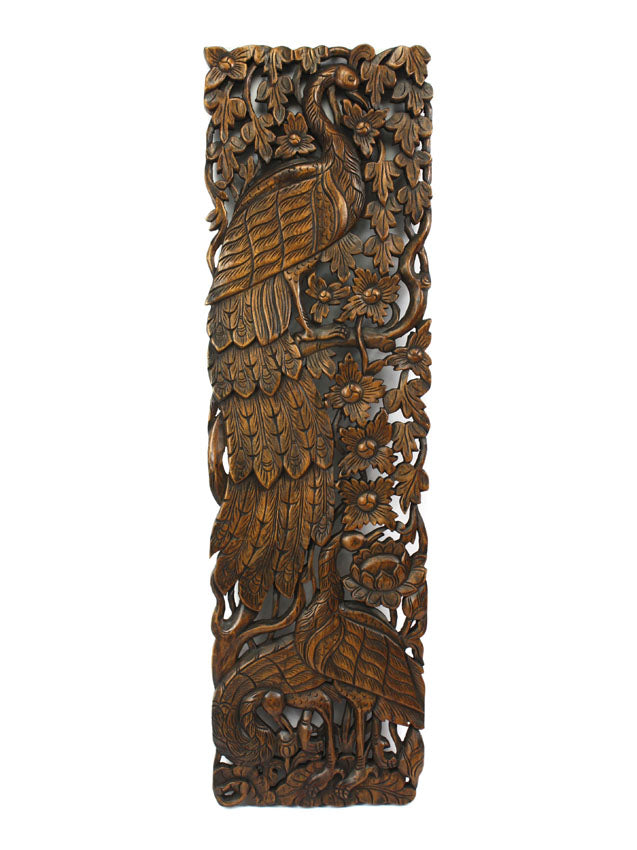 Pair of carved teak wall panels, Peacock design, each 121cm x 35cm, PK