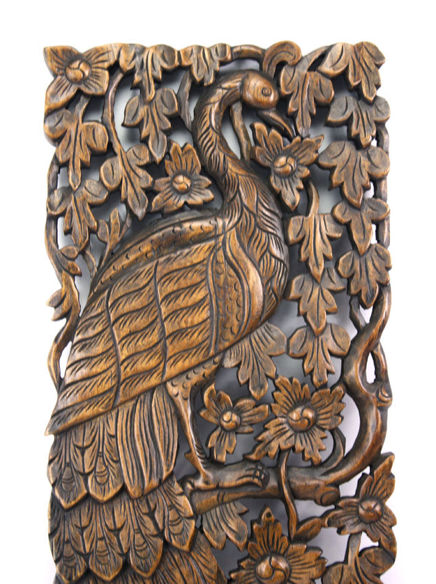 Pair of carved teak wall panels, Peacock design, each 121cm x 35cm, PK01 - farangshop-co