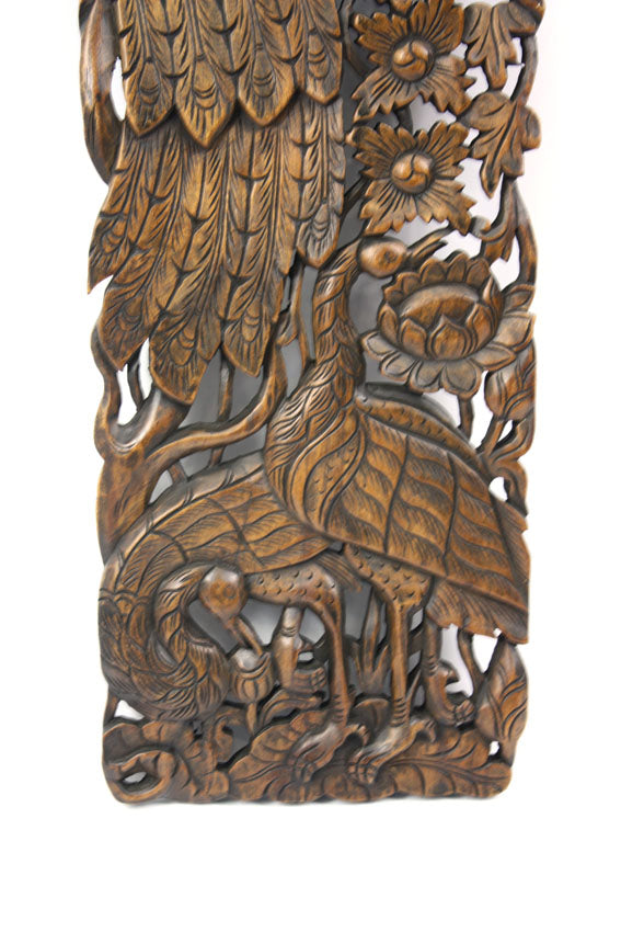 Pair of carved teak wall panels, Peacock design, each 121cm x 35cm, PK01 - farangshop-co