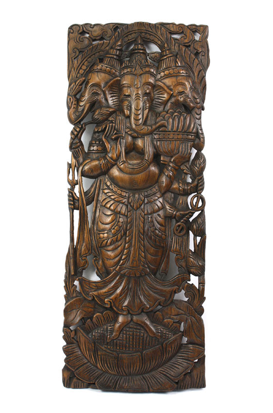 Carved teak wall panels, three headed Ganesh design, 90cm x 35cm, GN02 - farangshop-co