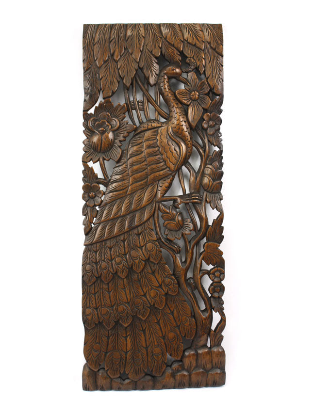 Pair of carved teak wall panels, Peacock design, each 90cm x 35cm, PK02 - farangshop-co