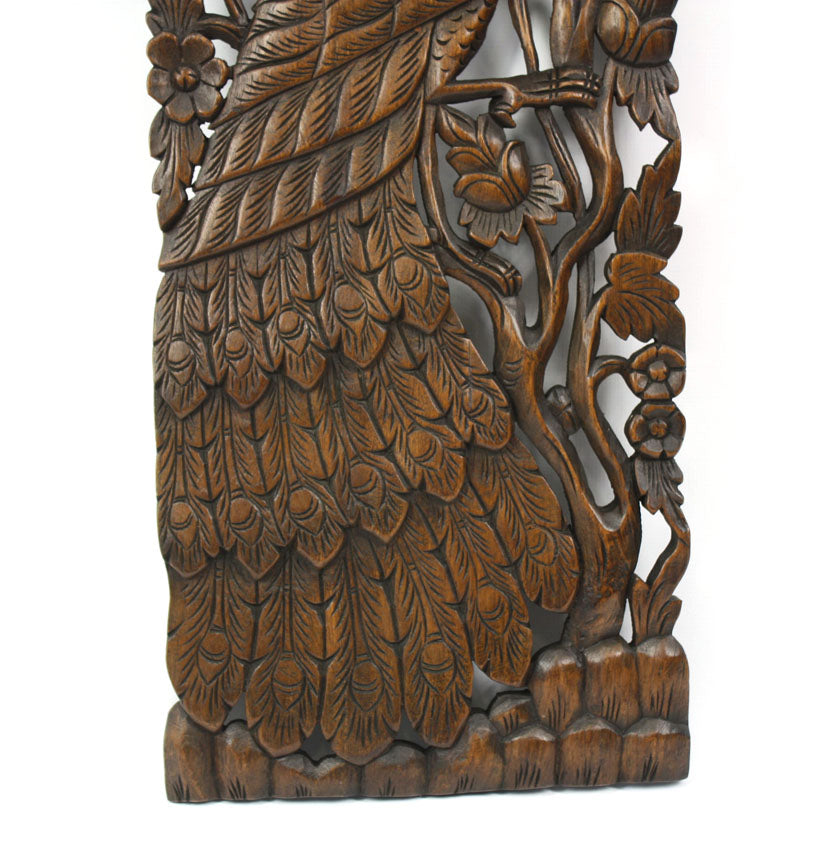 Pair of carved teak wall panels, Peacock design, each 90cm x 35cm, PK02 - farangshop-co
