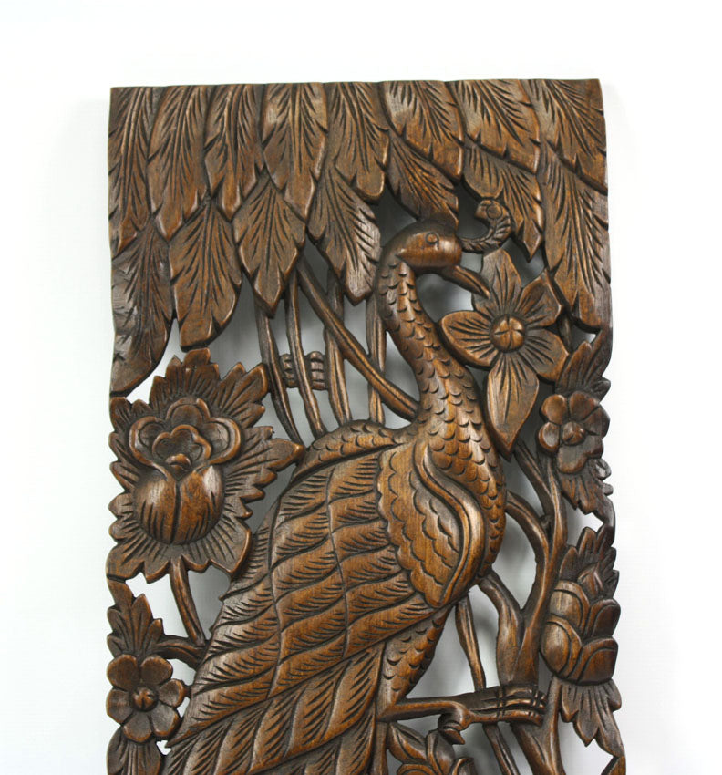 Pair of carved teak wall panels, Peacock design, each 90cm x 35cm, PK02 - farangshop-co