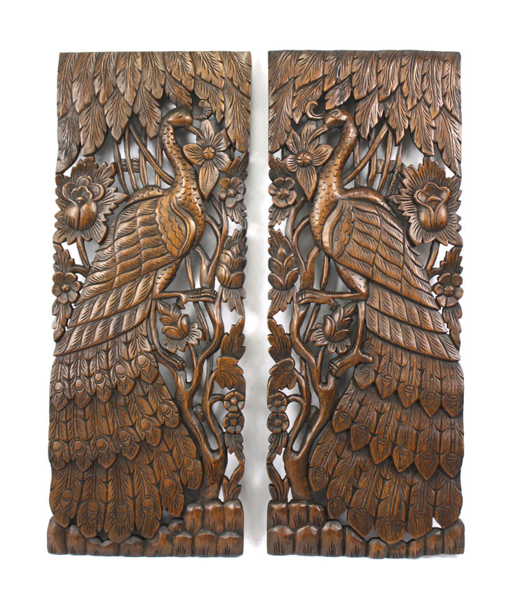 Pair of carved teak wall panels, Peacock design, each 90cm x 35cm, PK02 - farangshop-co
