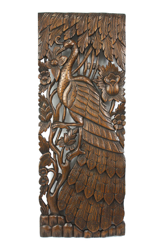 Pair of carved teak wall panels, Peacock design, each 90cm x 35cm, PK02 - farangshop-co