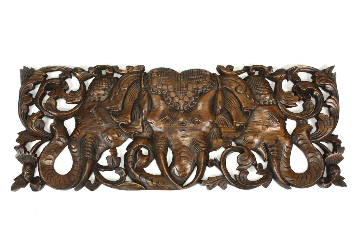 Carved teak wall panels, three headed elephant Erawan design, 90cm x 35cm, ER03 - farangshop-co