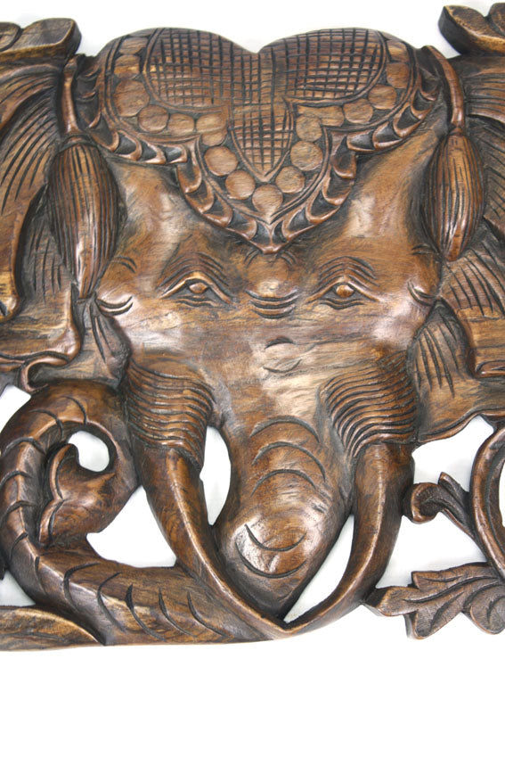 Carved teak wall panels, three headed elephant Erawan design, 90cm x 35cm, ER03 - farangshop-co