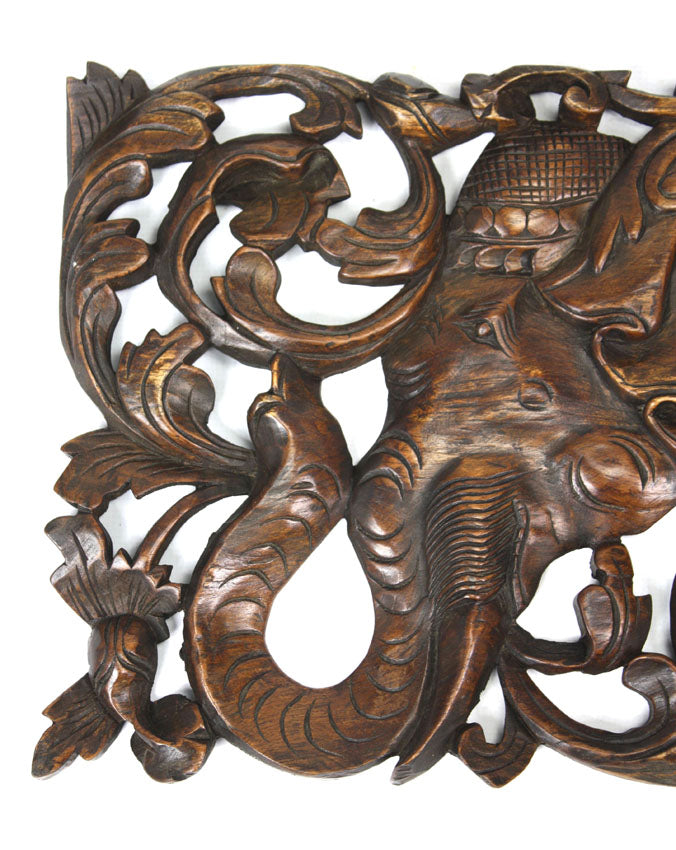 Carved teak wall panels, three headed elephant Erawan design, 90cm x 35cm, ER03 - farangshop-co