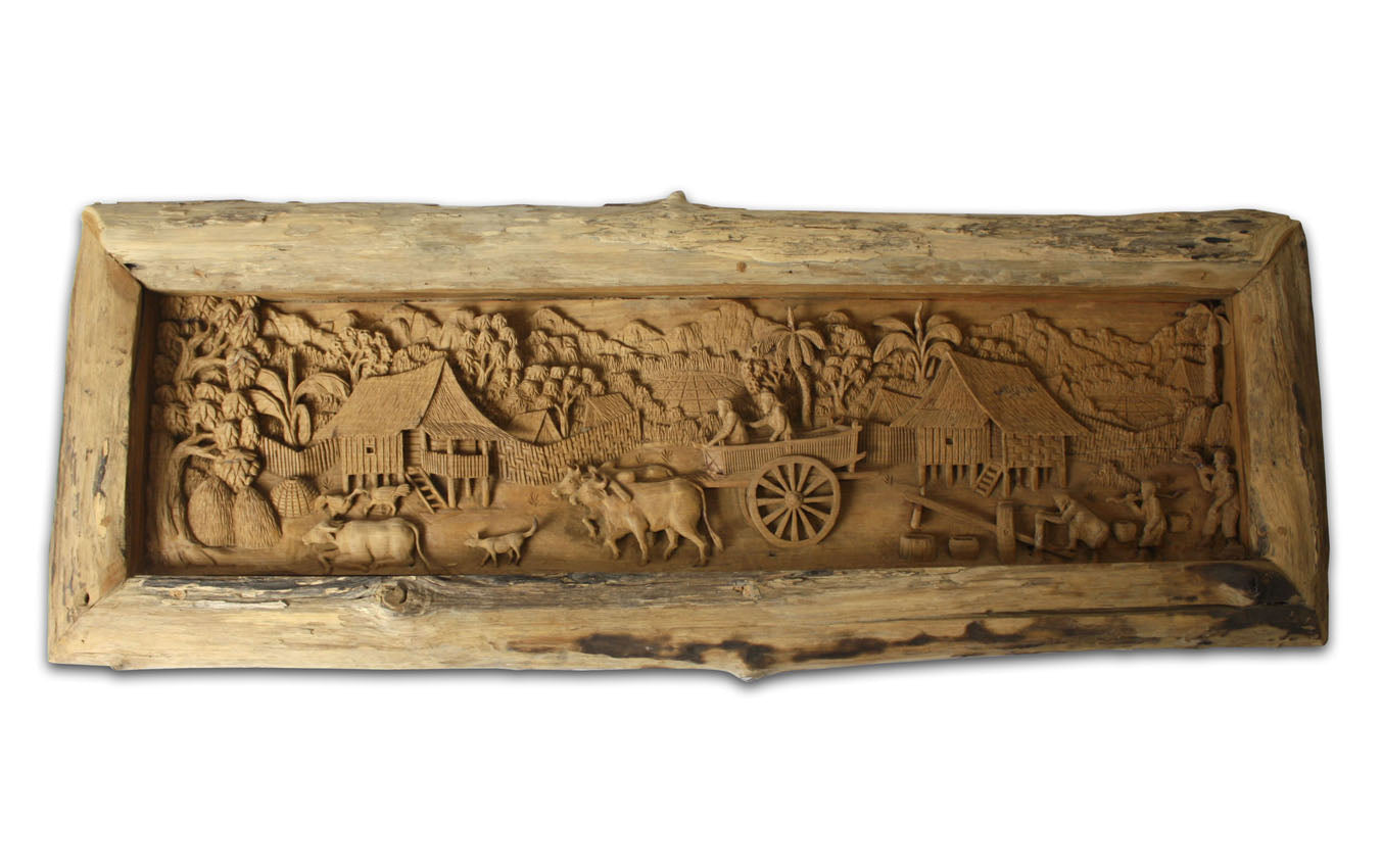 Old Thai Carved Teak Wall Panel of a village scene, 101cm long - farangshop-co