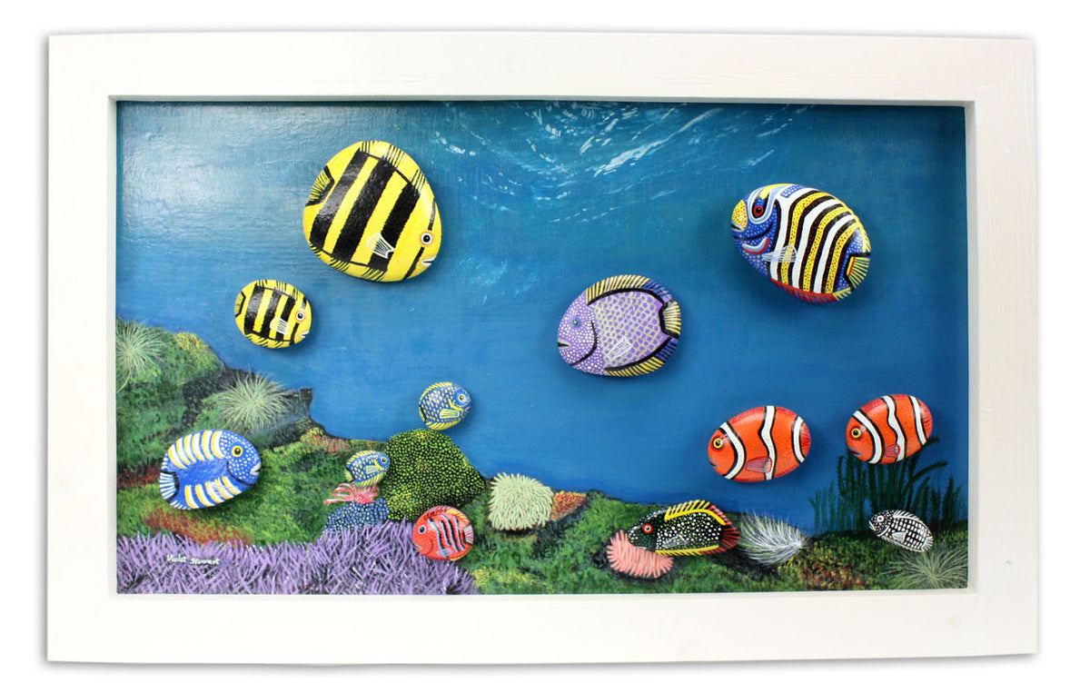 Hand Painted animals on rocks - Framed Ocean Scene with Many Fish, montage - farangshop-co