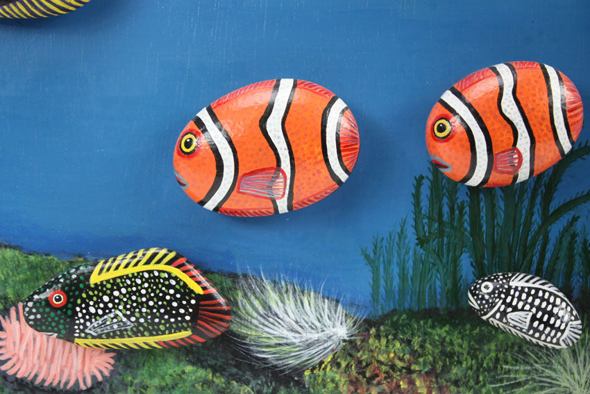 Hand Painted animals on rocks - Framed Ocean Scene with Many Fish, montage - farangshop-co