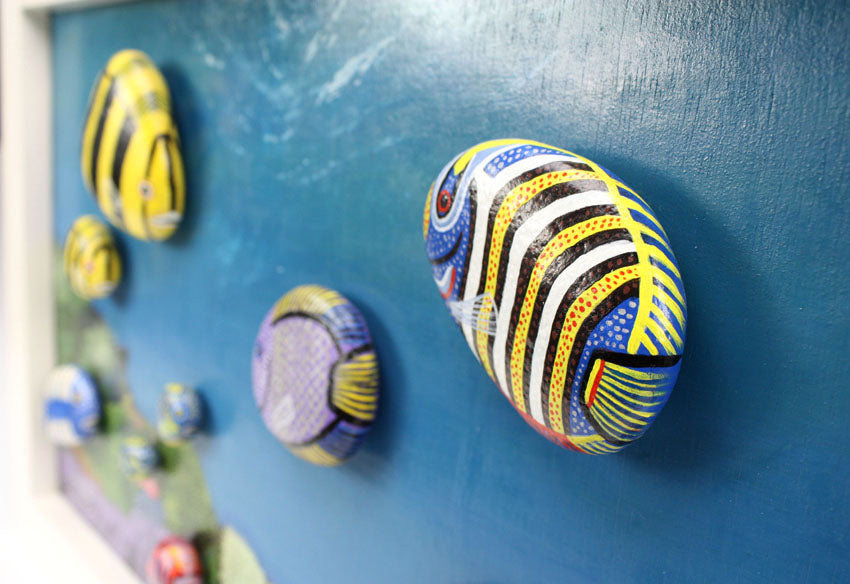 Hand Painted animals on rocks - Framed Ocean Scene with Many Fish, montage - farangshop-co