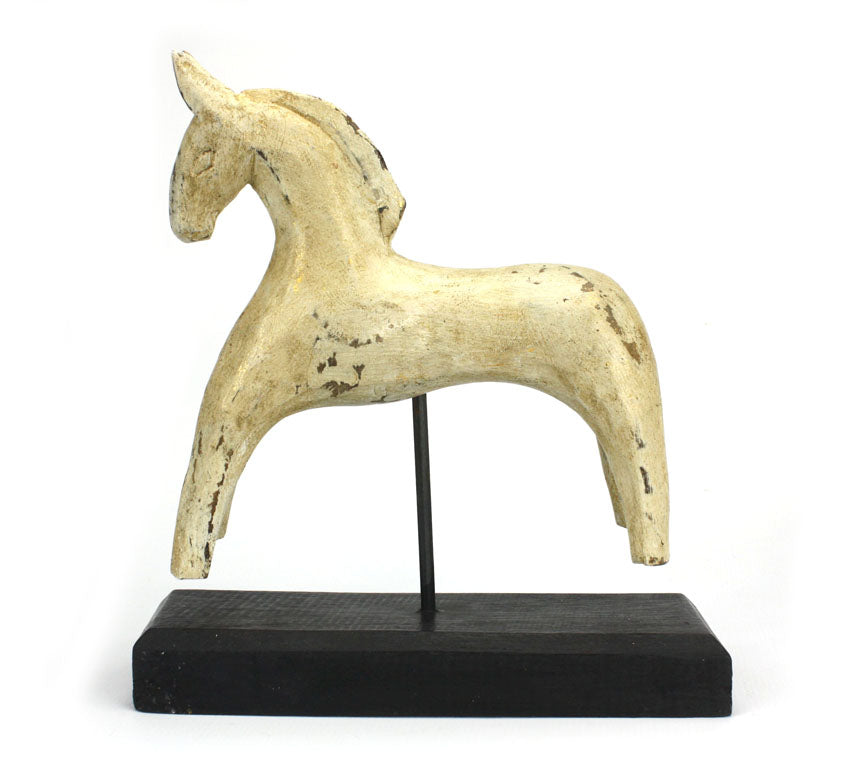 Carved horse on stand with cream and gold textured finish - farangshop-co