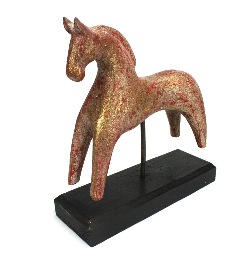 Carved horse on stand with red and gold textured finish - farangshop-co