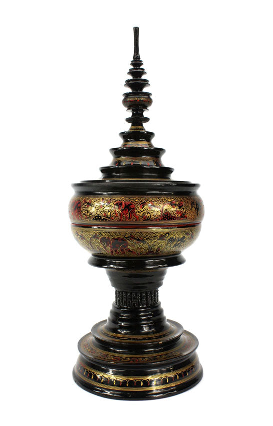 Burmese lacquerware offering vessel, known as hsun ok or soon-oke, black, 48cm high - farangshop-co