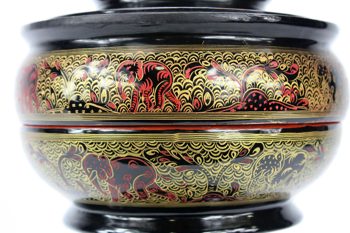 Burmese lacquerware offering vessel, known as hsun ok or soon-oke, black, 48cm high - farangshop-co