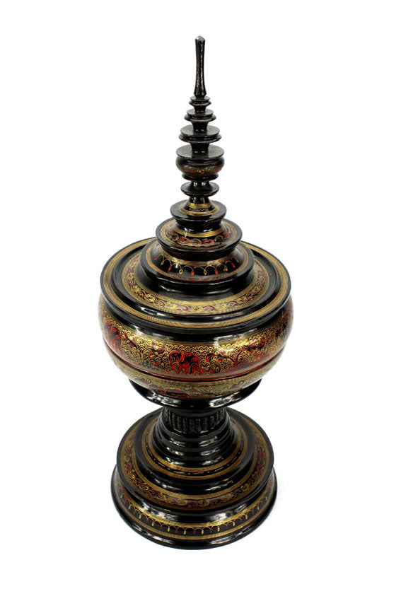 Burmese lacquerware offering vessel, known as hsun ok or soon-oke, black, 48cm high - farangshop-co