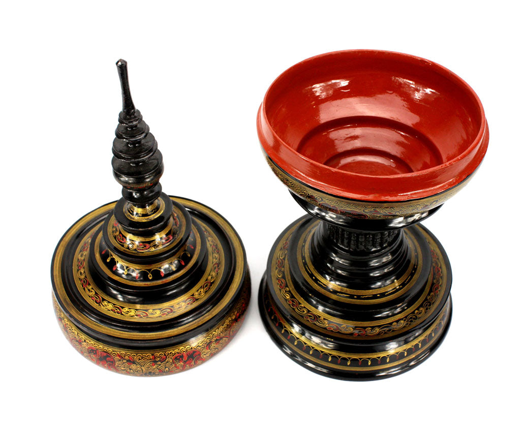 Burmese lacquerware offering vessel, known as hsun ok or soon-oke, black, 48cm high - farangshop-co