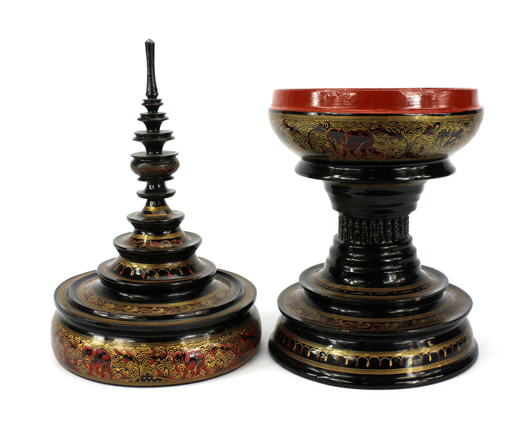 Burmese lacquerware offering vessel, known as hsun ok or soon-oke, black, 48cm high - farangshop-co