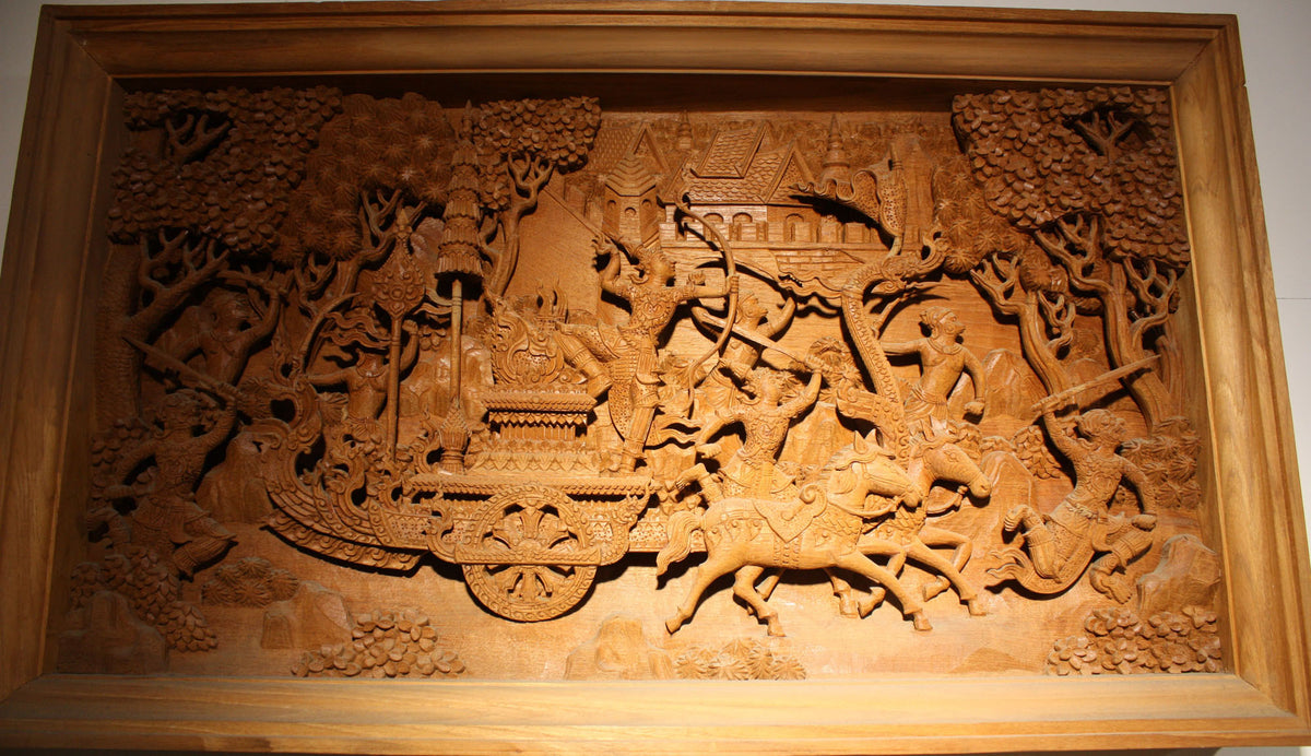 Ramayana carved teak relief - large - farangshop-co