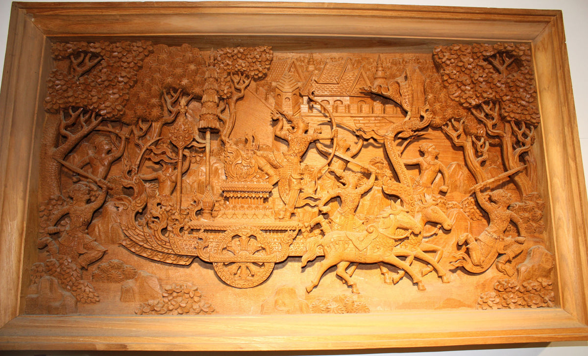 Ramayana carved teak relief - large - farangshop-co