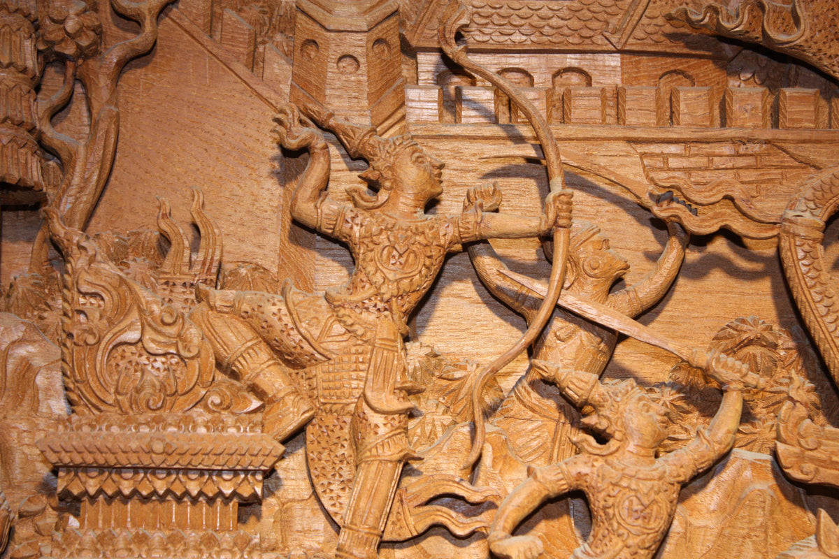 Ramayana carved teak relief - large - farangshop-co